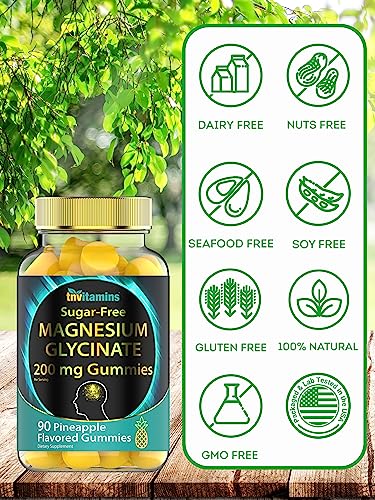 Sugar-Free Magnesium Glycinate Gummies: 200mg - 90 Pineapple Flavored Gummies | Magnesium Bisglycinate | Calm, Sleep, Muscle, Nerve Support