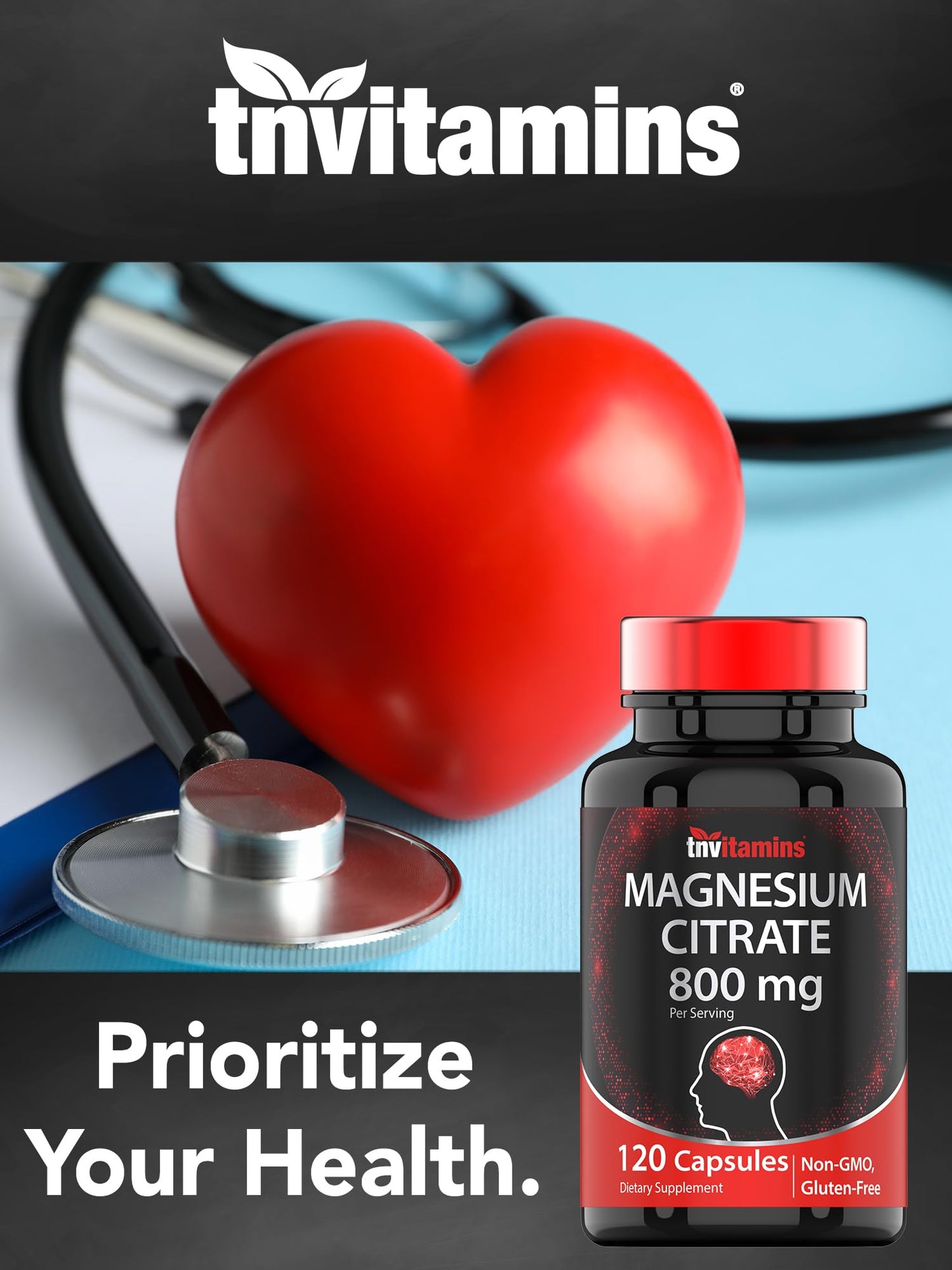 TNVitamins Magnesium Citrate 800 MG - 120 Capsules | Two Month Supply! | Pure Magnesium Citrate Powder Capsules | Citrato De Magnesio | Non-GMO | Produced in The USA!