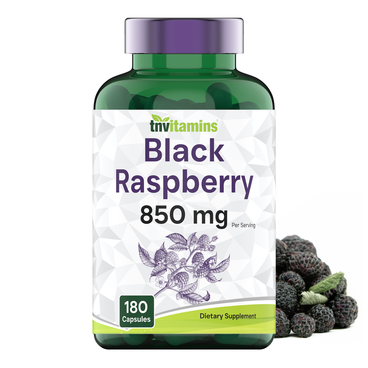 tnvitamins Black Raspberry Capsules 850mg Per Serving - 180 Capsules - 3 Month Supply! Powerful Antioxidant | May Support Your Cardiovascular & Immune Systems