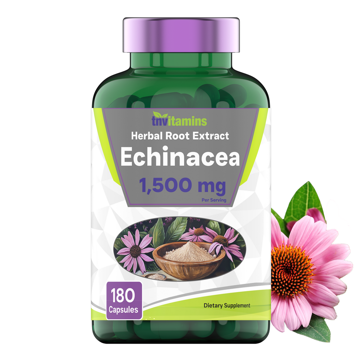 Echinacea Capsules (1500 MG  - 180 Capsules) | Supports Health & Well-Being | Echinacea Root Herbal Extract Supplement | Produced in The USA | TNVitamins