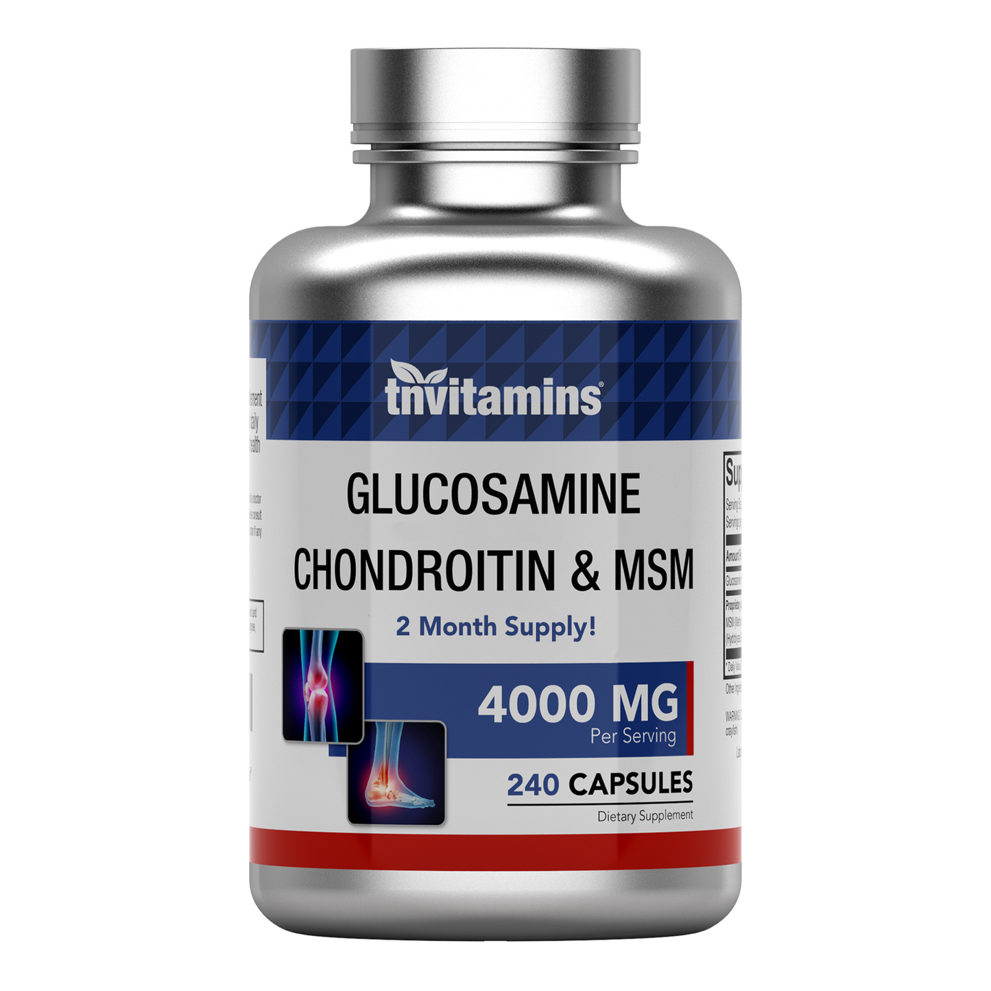 tnvitamins Glucosamine Chondroitin MSM Capsules, 240 Count | 4,000 mg Per Serving | 2,000 mg Glucosamine Sulfate 2KCl + MSM & Chondroitin | Joint Support Supplement