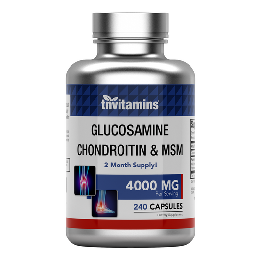 tnvitamins Glucosamine Chondroitin MSM Capsules, 240 Count | 4,000 mg Per Serving | 2,000 mg Glucosamine Sulfate 2KCl + MSM & Chondroitin | Joint Support Supplement