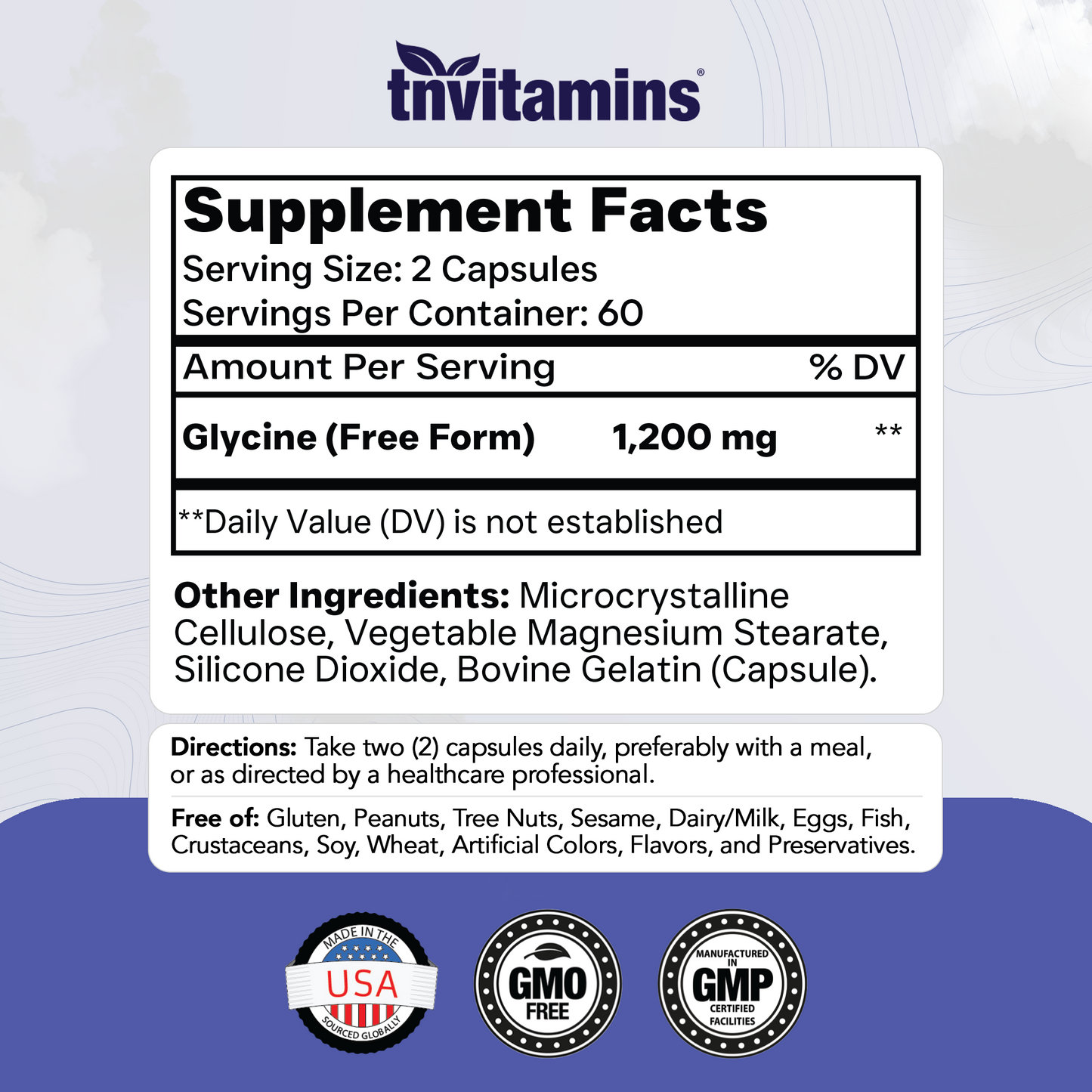 TNVitamins Glycine 1200mg Per Serving, Free Form Amino Acid Supplement, Supports Relaxation & Restful Sleep*, Glycine Capsules, 120 Capsules
