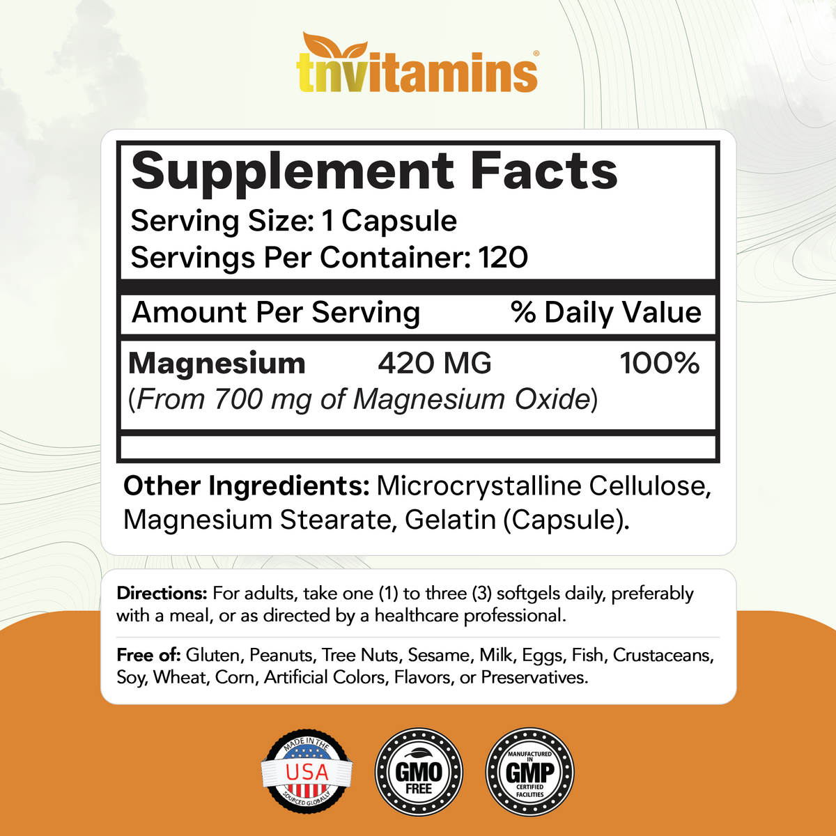 tnvitamins Magnesium Oxide 420mg - 120 Capsules | 4 Month Supply! | 100% Daily Value of Magnesium Oxide in One Capsule | Oxido de Magnesio | Non-GMO, Made in The USA
