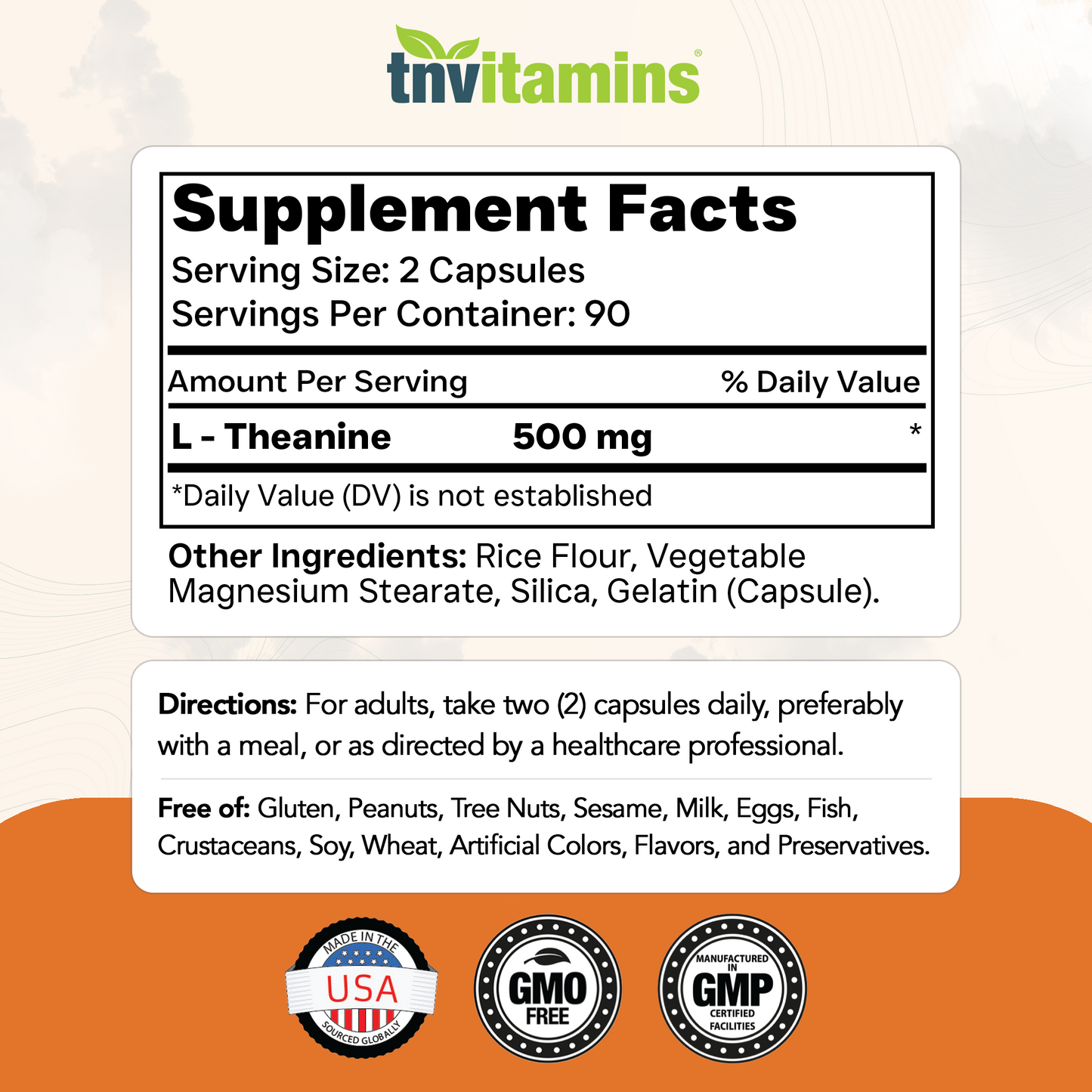L-Theanine 500 mg Per Serving - 180 Capsules | Keep Calm, Cool, Collected, Alert, & Focused | L-Theanine Supplement May Support Mood, Brain, & Cognitive Function* | Non-GMO, Made in The USA!