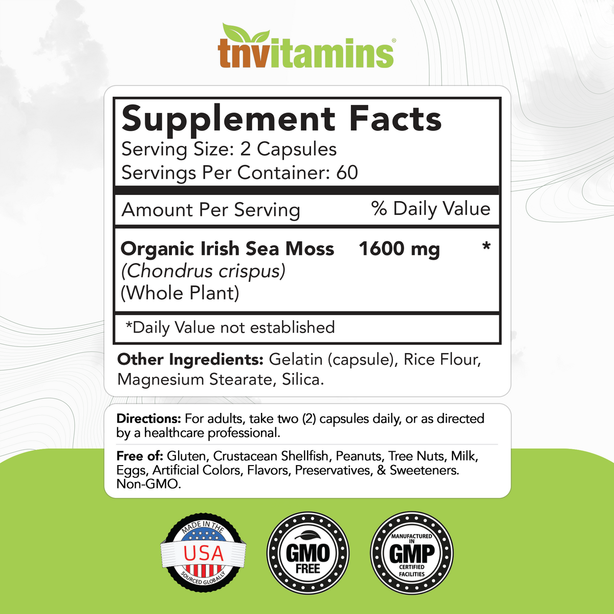 tnvitamins Organic Irish Sea Moss: 1600mg x 120 Capsules | Two Month Supply Simply Organic Sea Moss Powder Capsules are Highly Potent, and Absorbable! | Non-GMO | Made in The USA!