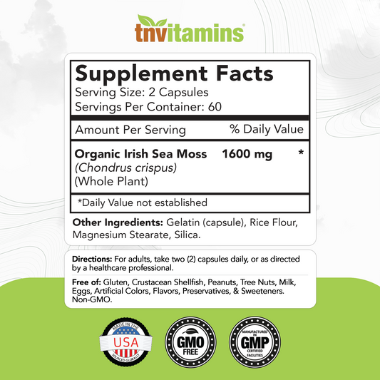 tnvitamins Organic Irish Sea Moss: 1600mg x 120 Capsules | Two Month Supply Simply Organic Sea Moss Powder Capsules are Highly Potent, and Absorbable! | Non-GMO | Made in The USA!