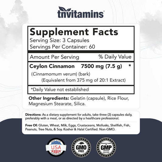 tnvitamins Ceylon Cinnamon Capsules 7500mg Per Serving - 180 Capsules | High Potency Ceylon Cinnamon Powder Pills for Women & Men