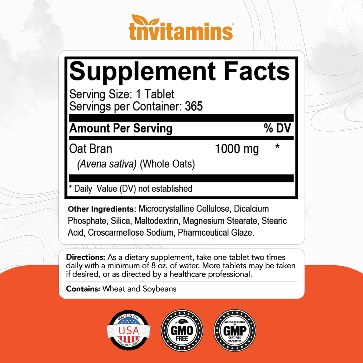 Oat Bran Tablets | 365 Tablets  -  1,000 MG per Tablet | Oat Fiber Tablets | Soluble & Dietary Fiber Supplement | May Support Digestive Health* | TNVitamins