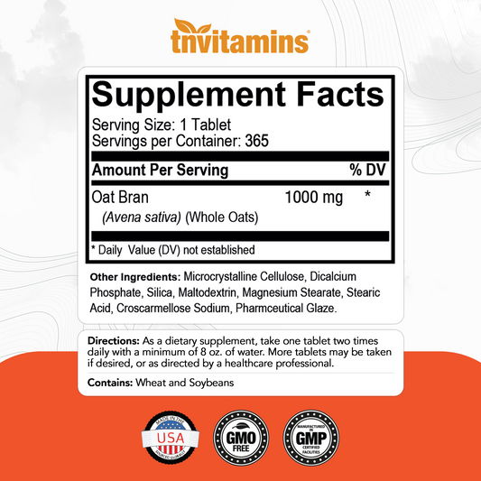 Oat Bran Tablets | 365 Tablets  -  1,000 MG per Tablet | Oat Fiber Tablets | Soluble & Dietary Fiber Supplement | May Support Digestive Health* | TNVitamins