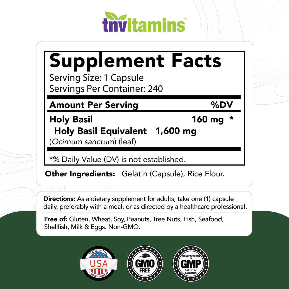 Tulsi Holy Basil Capsules (1600 MG  -  240 Capsules) | May Promote Stress & Frustration Relief* | Tulsi Holy Basil Leaf Powder Extract | Adaptogenic, & Ayurvedic Herb | TNVitamins