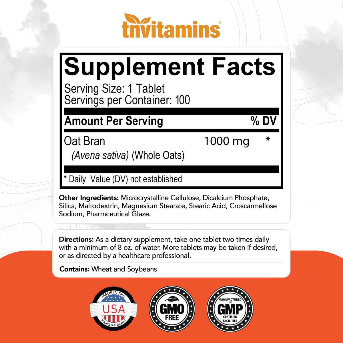 Oat Bran Tablets | 100 Tablets  -  1,000 MG per Tablet | Oat Fiber Tablets | Soluble & Dietary Fiber Supplement | Supports Digestive Health * | High Potency Formula