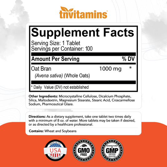 Oat Bran Tablets | 100 Tablets  -  1,000 MG per Tablet | Oat Fiber Tablets | Soluble & Dietary Fiber Supplement | Supports Digestive Health * | High Potency Formula
