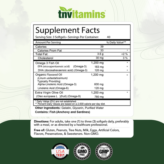 Triple Omega 3◆ 6◆ 9: 3600mg  - 120 Softgels | Omega Essential Fatty Acids from Fish Oil (EPA & DHA), Flaxseed Oil (ALA & LA), & Olive Oil (OA) | Omega 3-6-9 Supplement for Women & Men | Non-GMO