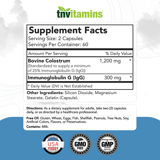 Colostrum Supplement 1,200 mg Per Serving, 120 Capsules | Standardized to 25% IgG (Immunoglobulin G) | Grass-Fed Bovine Colostrum Powder Caps | Immune Support Supplement | Non-GMO, Made in the USA!
