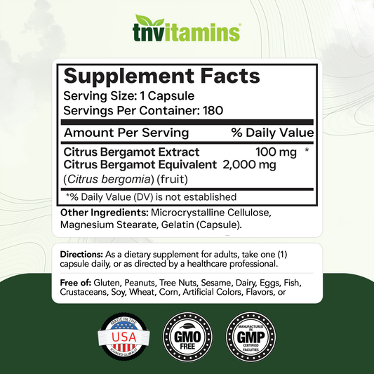 tnvitamins Citrus Bergamot 2000mg - 180 Capsules | Ultra Potent Citrus Bergamot Supplement 2000 mg Per 1 Capsule Serving | 6 Month Supply! | Non-GMO | Made in The USA!