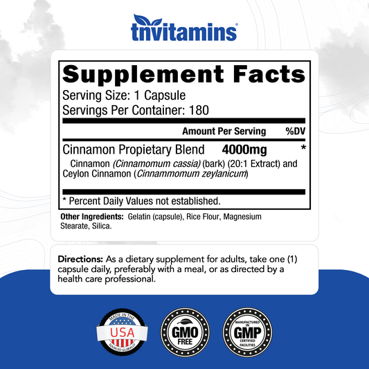 Cinnamon Capsules 4000 MG - 180 Capsules | Ceylon Cinnamon & Cassia Cinnamon Pills | Blood Sugar Support Supplement* | Extra Strength Cinnamon Bark Extract | Cinnamon Complex | by TNVitamins