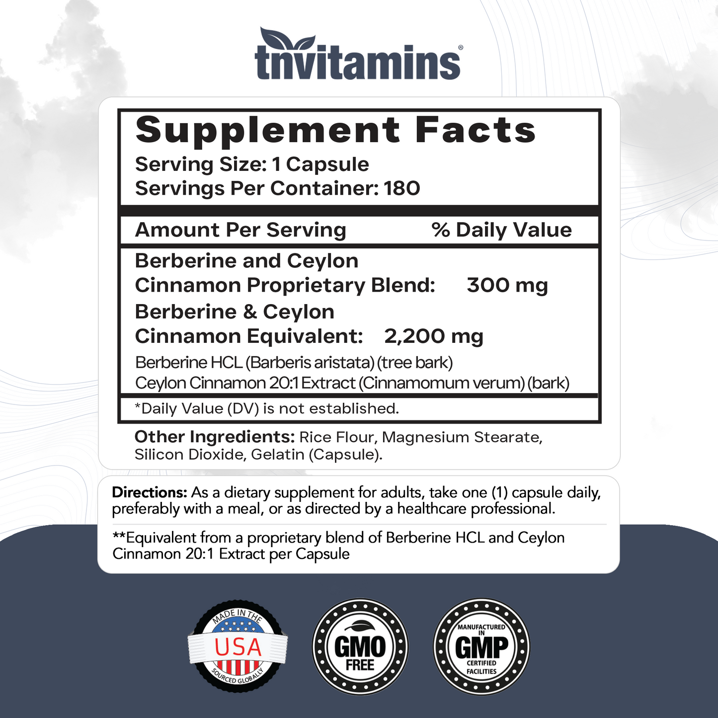 tnvitamins Berberine with Ceylon Cinnamon: 2200 mg Per Capsule - 180 Capsules | 6 Month Supply