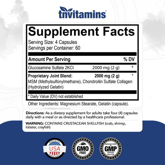 tnvitamins Glucosamine Chondroitin MSM Capsules, 240 Count | 4,000 mg Per Serving | 2,000 mg Glucosamine Sulfate 2KCl + MSM & Chondroitin | Joint Support Supplement