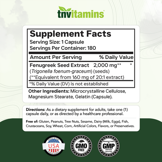 tnvitamins Fenugreek Capsules: 3200 mg - 180 Capsules | Fenugreek Supplement for Men & Women | Fenugreek Seed Powder Extract | Non-GMO | Made in The USA!