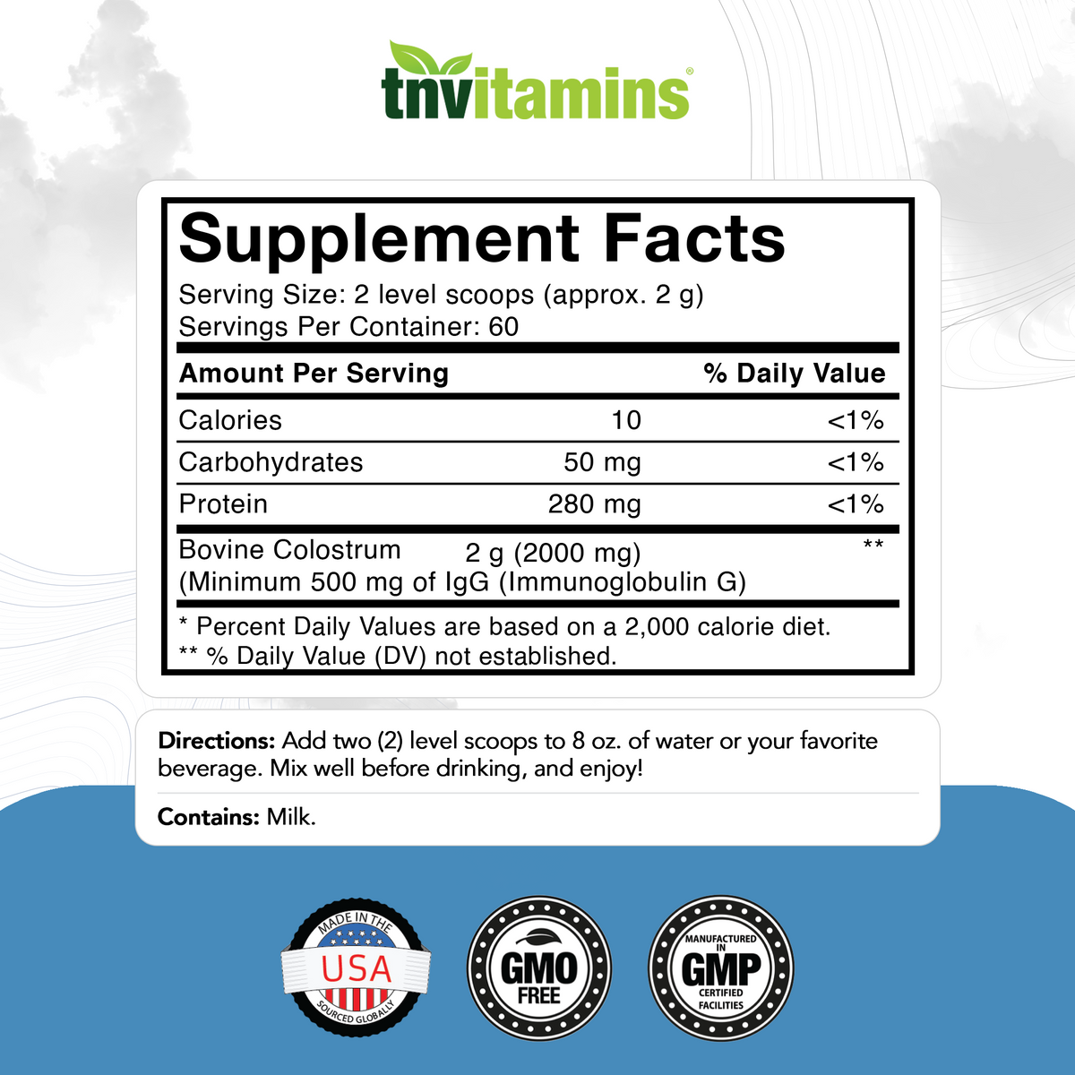 tnvitamins Colostrum Powder – 25% IgG | Grass-Fed Bovine Colostrum Supplement | Unflavored | 120g (4.3 oz) – 60 Servings | Non-GMO, No Additives