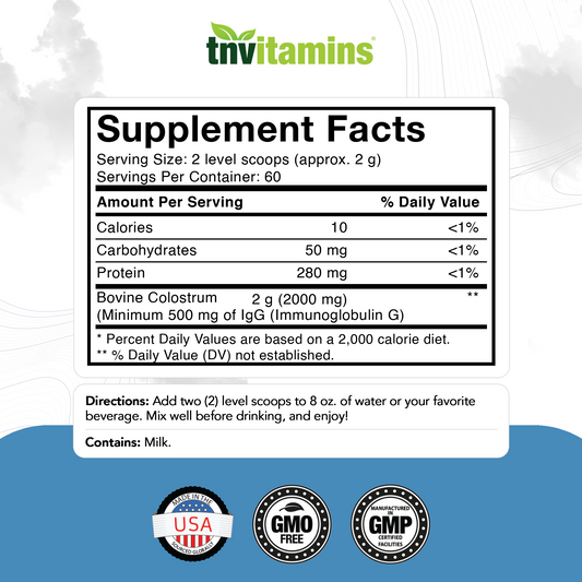 tnvitamins Colostrum Powder – 25% IgG | Grass-Fed Bovine Colostrum Supplement | Unflavored | 120g (4.3 oz) – 60 Servings | Non-GMO, No Additives