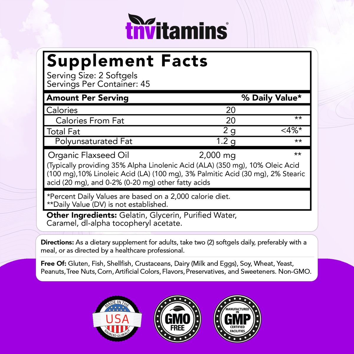 tnvitamins Organic Flaxseed Oil Softgels: 2000 mg  - 90 Softgels | High in Omega-3 Fatty Acids | Flaxseed Oil Supplement for Women & Men | Non-GMO