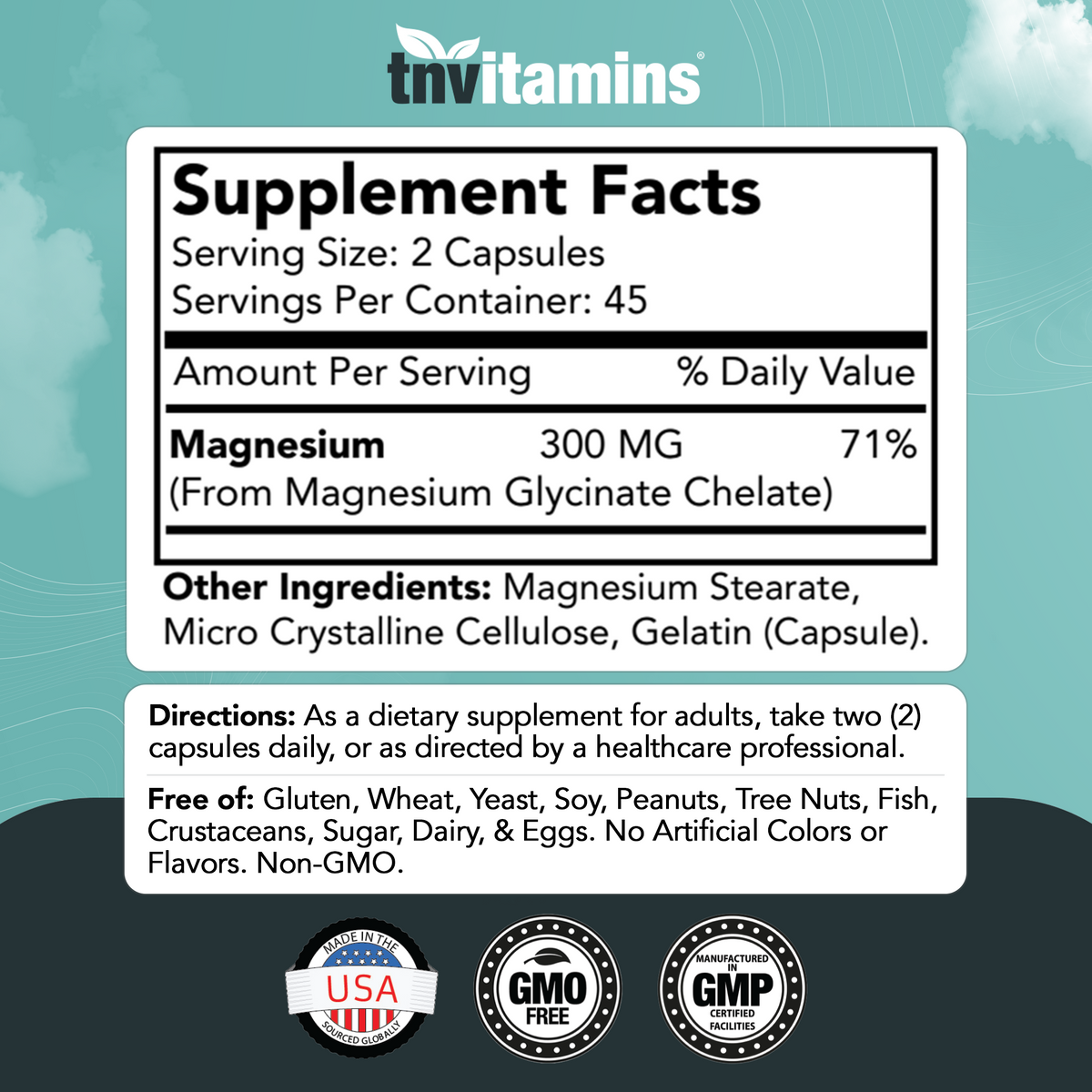 Magnesium Glycinate Capsules (300 MG Per Serving - 90 Count) | Pure Chelated Magnesium Bisglycinate Powder Supplement | Glicinato de Magnesio | for Sleep, Calm, Nerve, & Stress Support* | TNVitamins
