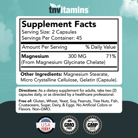 Magnesium Glycinate Capsules (300 MG Per Serving - 90 Count) | Pure Chelated Magnesium Bisglycinate Powder Supplement | Glicinato de Magnesio | for Sleep, Calm, Nerve, & Stress Support* | TNVitamins