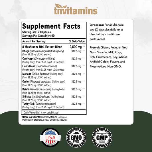 8 Mushroom Complex - 180 Capsules - Lion’s Mane, Reishi, Chaga, Cordyceps & Turkey Tail - Natural Immune, Focus & Energy* Support Supplement for Men & Women