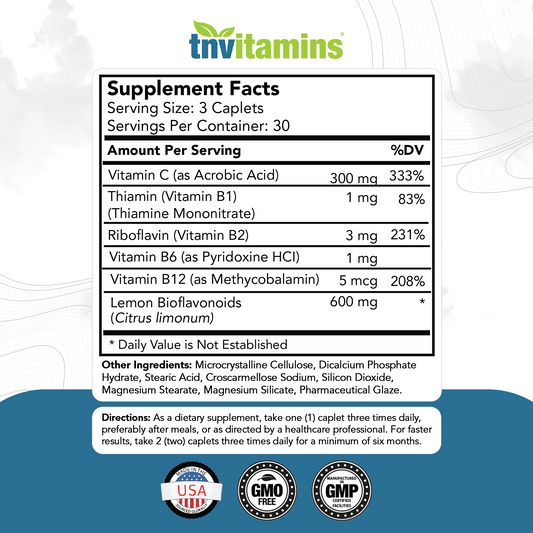 tnvitamins  **New Larger Size and New Label** Tinni-Care Lemon Bioflavaniod Supplement an Ear Ringing Relief Formula That May Help with Ringing Over Time | 120 Caplets - Vitamins C, B1, B2, B6 & B12
