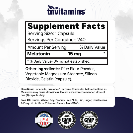 tnvitamins Melatonin 15 MG Per Capsule (240 Capsules) | All-Natural Sleeping Pills for Adults | Extra Strength Melatonin | Nighttime Sleep Aid | Natural Sleep Support Supplement