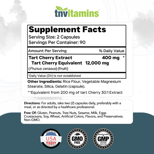 tnvitamins Tart Cherry Capsules 12,000 mg Per Serving - 180 Count | Ultra-Potent Tart Cherry Extract Capsules | Joint, Sleep, & Recovery Support* | High in Antioxidants | Non-GMO | Made in The USA!