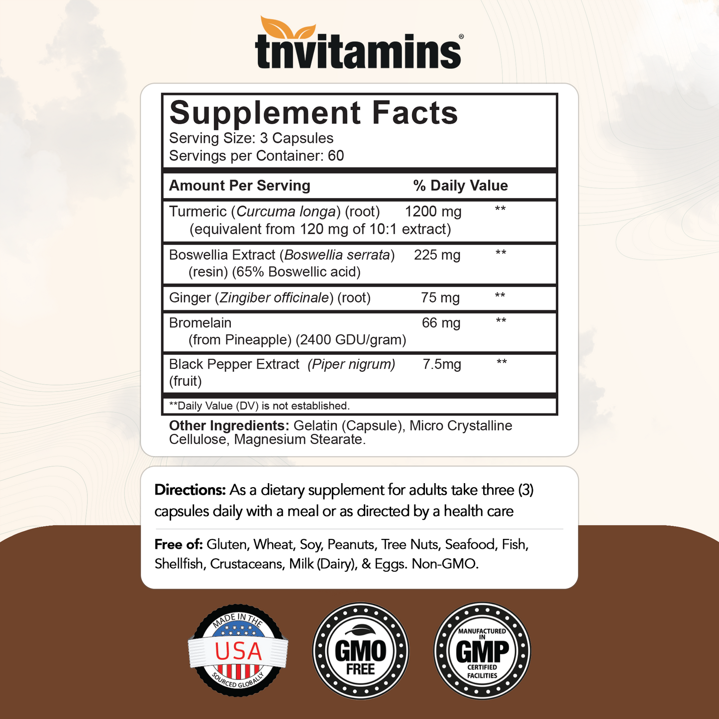 tnvitamins Turmeric & Boswellia Complex (180 Capsules) with Ginger Root , Bromelain, & Black Pepper Extract | Joint-Ease Formula: Powerful Joint Support Supplement* | Produced in The USA