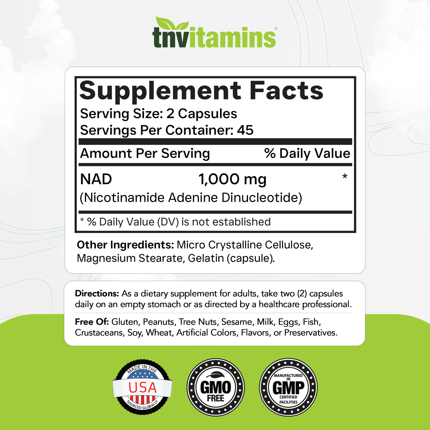 tnvitamins NAD+ Supplement 1,000 mg Per Serving - 90 Count | High Potency NAD Capsules | Nicotinamide Adenine Dinucleotide | NAD Plus Support for Energy & Vitality
