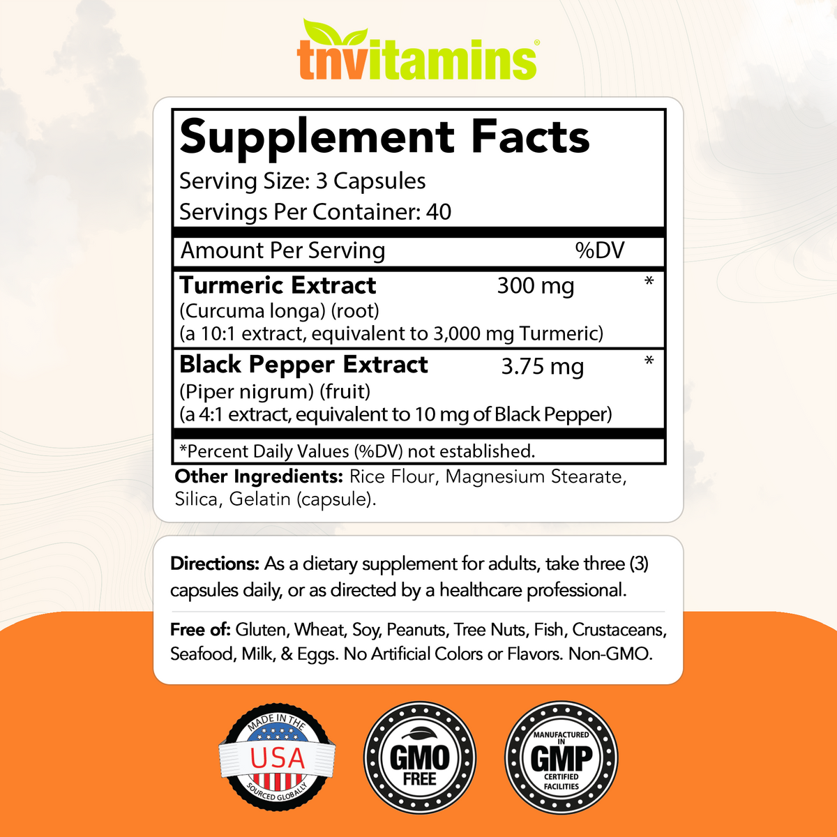 Turmeric Curcumin Capsules with Black Pepper | 3000 MG - 120 Capsules | Extra Strength Golden Turmeric Curcumin Supplement | Non-GMO | Produced in The USA | TNVitamins