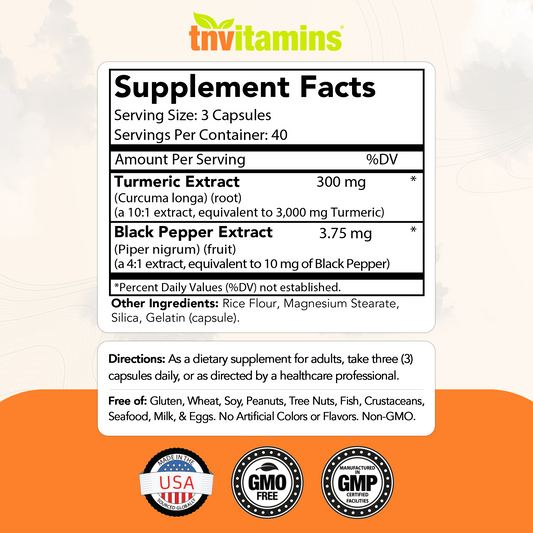 Turmeric Curcumin Capsules with Black Pepper | 3000 MG - 120 Capsules | Extra Strength Golden Turmeric Curcumin Supplement | Non-GMO | Produced in The USA | TNVitamins