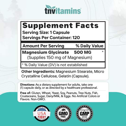 Magnesium Glycinate 500mg Per Capsule - 120 Count | 4 Month Supply! | Pure Chelated Magnesium Supplement for Sleep, Calm, Nerve, Joint, & Bone Support* | AKA Magnesium Bisgycinate | Non-GMO