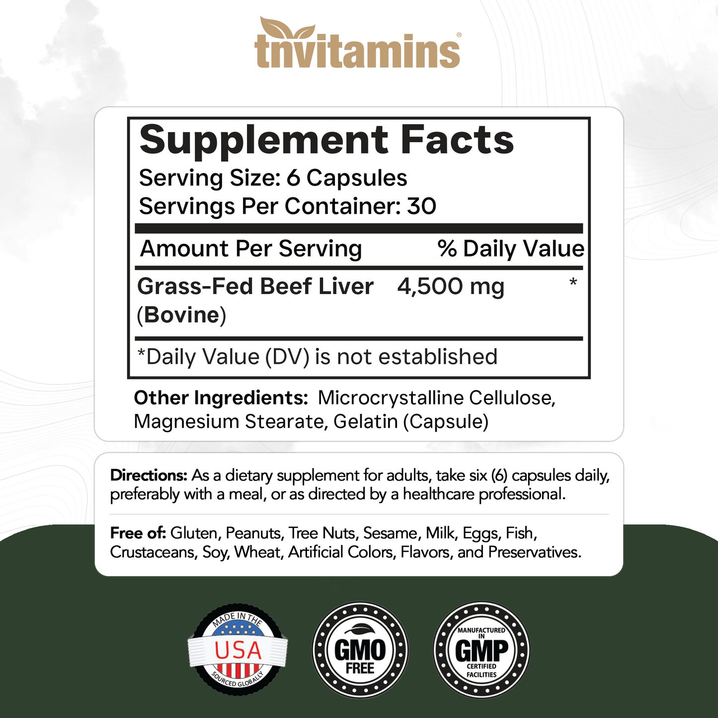 tnvitamins Grass Fed Beef Liver Capsules 4,500 mg per Serving – 180 Capsules | Desiccated, Freeze-Dried, Pasture-Raised Beef Liver Supplement | Natural Energy, Vitality & Immune Support | Made in USA