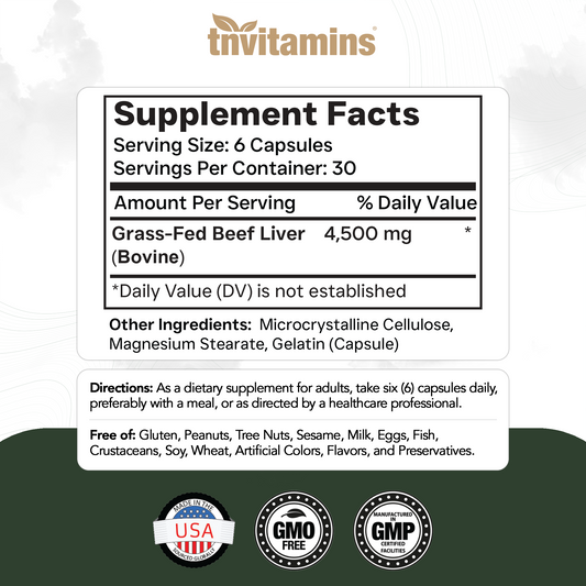tnvitamins Grass Fed Beef Liver Capsules 4,500 mg per Serving – 180 Capsules | Desiccated, Freeze-Dried, Pasture-Raised Beef Liver Supplement | Natural Energy, Vitality & Immune Support | Made in USA