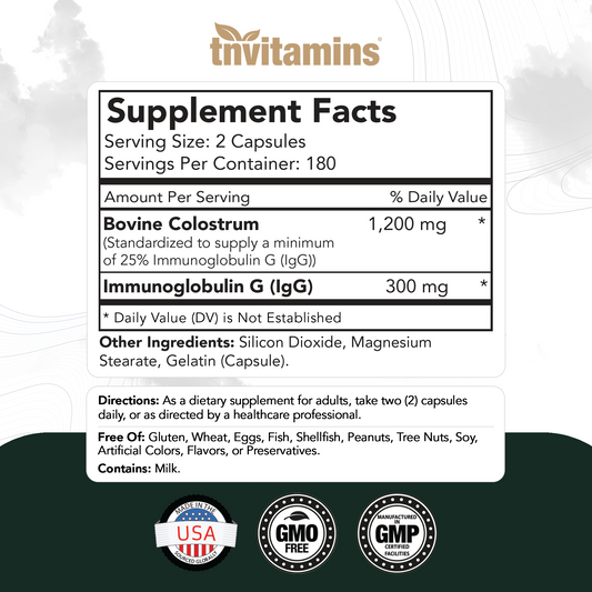Colostrum Supplement 1,200 mg Per Serving, 180 Capsules | Standardized to 25% IgG (Immunoglobulin G) | Grass-Fed Bovine Colostrum Powder Caps | Immune Support Supplement | Non-GMO, Made in the USA!