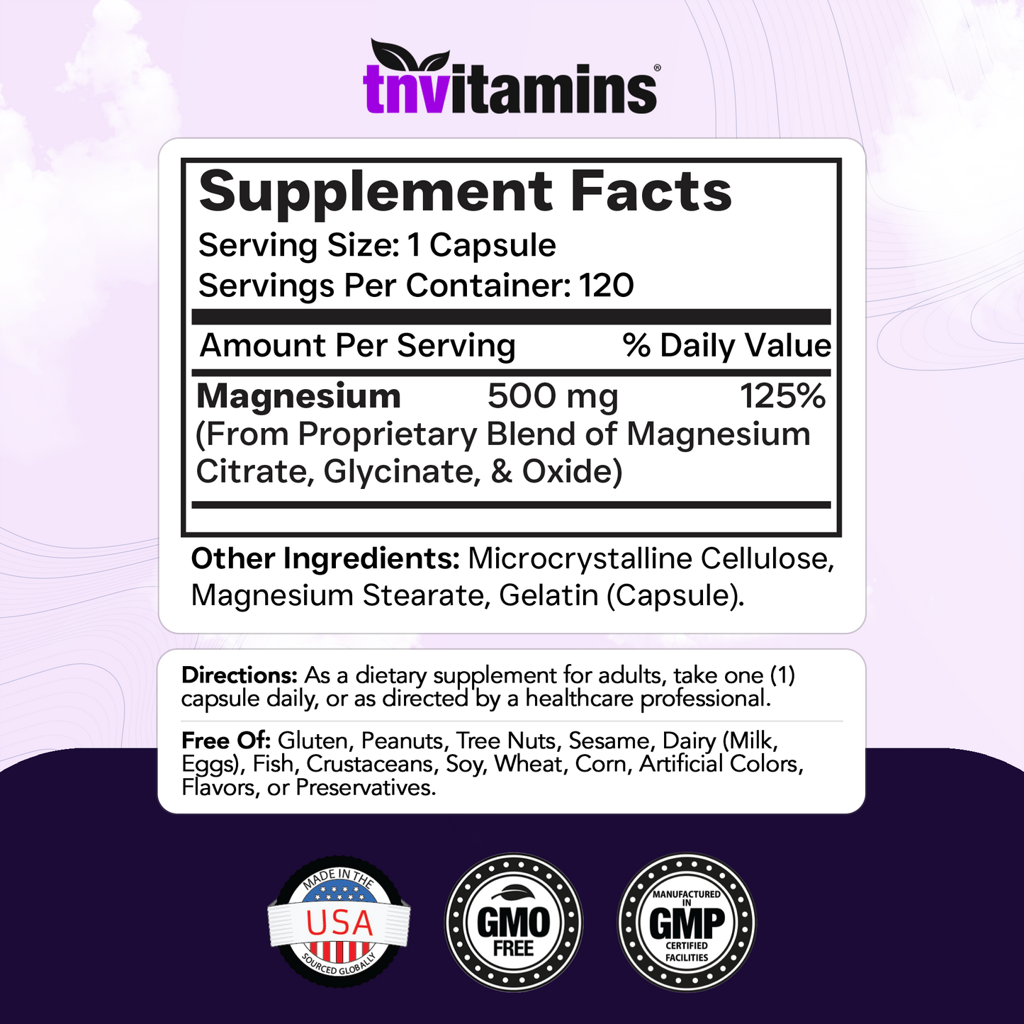 Triple Magnesium Complex Supplement 500mg: Magnesium Glycinate, Citrate, & Oxide - 120 Capsules (4 Month Supply!) | 1 Capsule Serving Provides 125% Daily Value | Non-GMO, Made in The USA!
