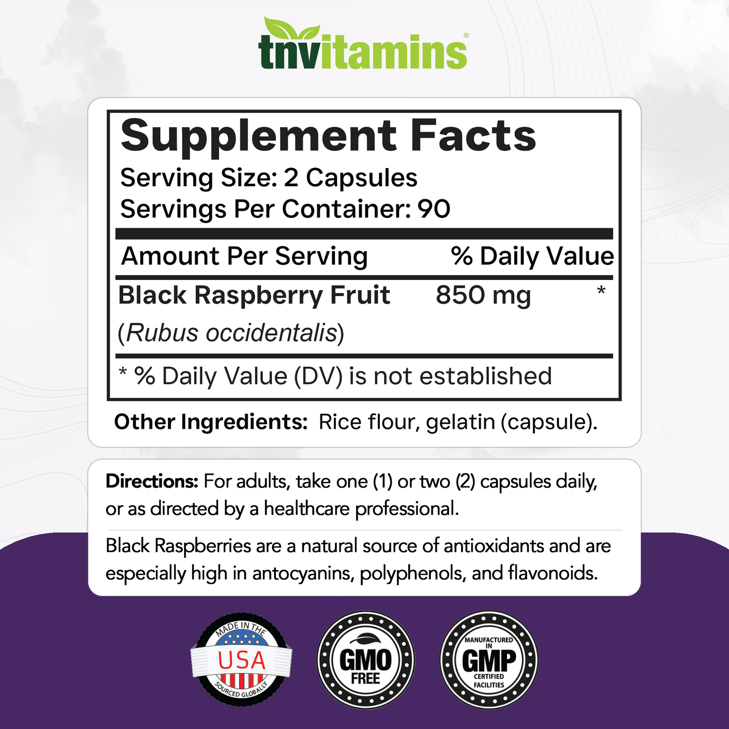 tnvitamins Black Raspberry Capsules 850mg Per Serving - 180 Capsules - 3 Month Supply! Powerful Antioxidant | May Support Your Cardiovascular & Immune Systems
