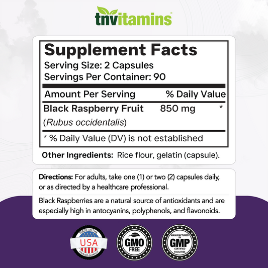 tnvitamins Black Raspberry Capsules 850mg Per Serving - 180 Capsules - 3 Month Supply! Powerful Antioxidant | May Support Your Cardiovascular & Immune Systems