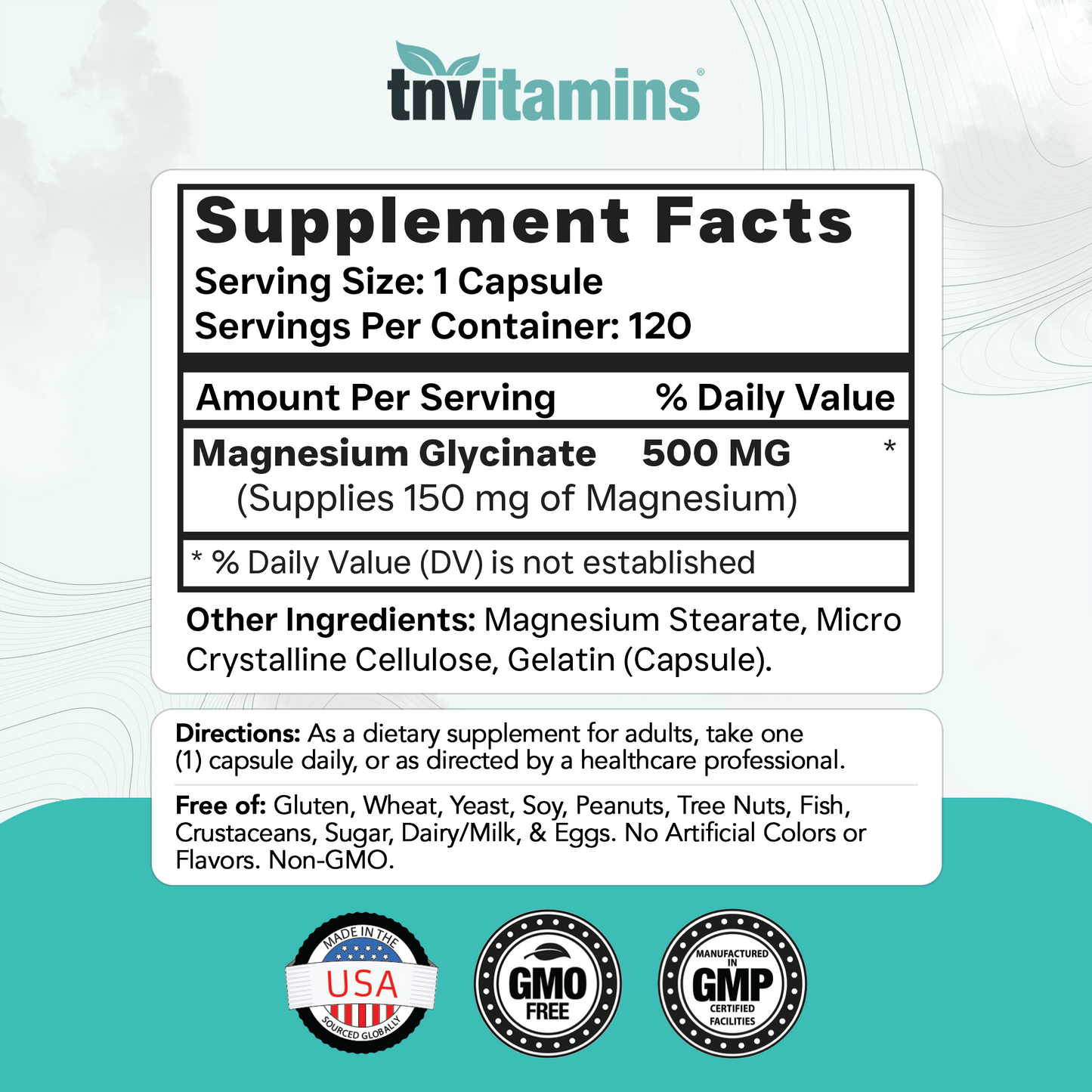 Magnesium Glycinate 500mg Per Capsule - 120 Count | 4 Month Supply! | Pure Chelated Magnesium Supplement for Sleep, Calm, Nerve, Joint, & Bone Support* | AKA Magnesium Bisgycinate | Non-GMO