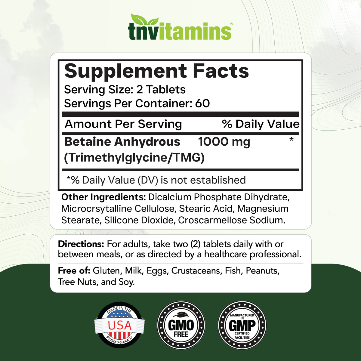 tnvitamins TMG Supplement 1000mg (Betaine Anhydrous) 120 Tablets | Better Than Betaine HCL* | Homocysteine Support* | Trimethylglycine | Non-GMO, Made in The USA!