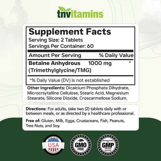 tnvitamins TMG Supplement 1000mg (Betaine Anhydrous) 120 Tablets | Better Than Betaine HCL* | Homocysteine Support* | Trimethylglycine | Non-GMO, Made in The USA!