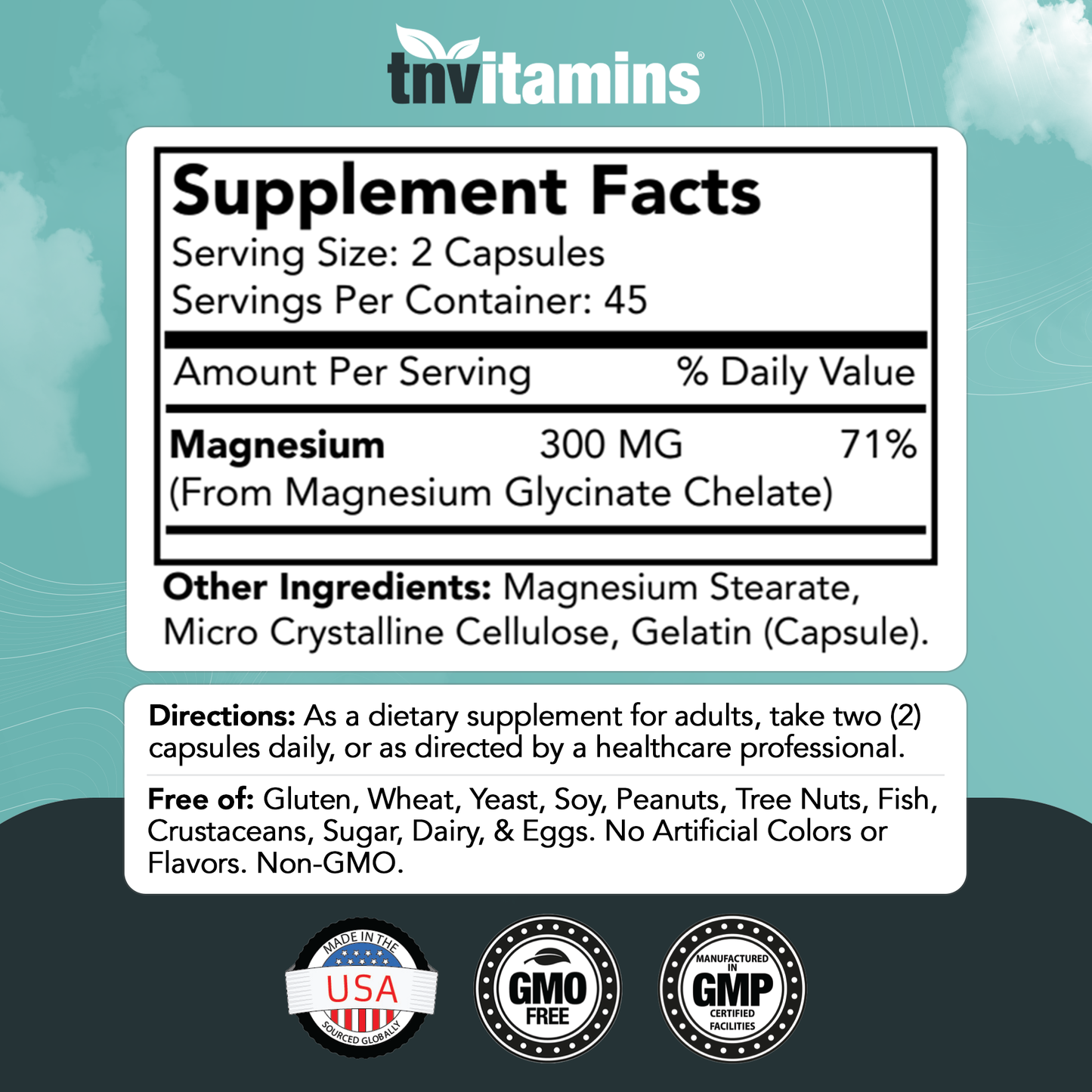 Chelated Magnesium Glycinate Capsules (300 MG - 90 Count) for Women & Men | AKA Magnesium Bisglycinate | Highly Absorbable | Calm, Sleep, Muscle, Stress, & Frustration Support* | by TNVitamins