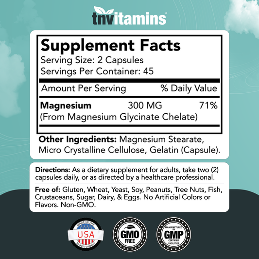 Chelated Magnesium Glycinate Capsules (300 MG - 90 Count) for Women & Men | AKA Magnesium Bisglycinate | Highly Absorbable | Calm, Sleep, Muscle, Stress, & Frustration Support* | by TNVitamins