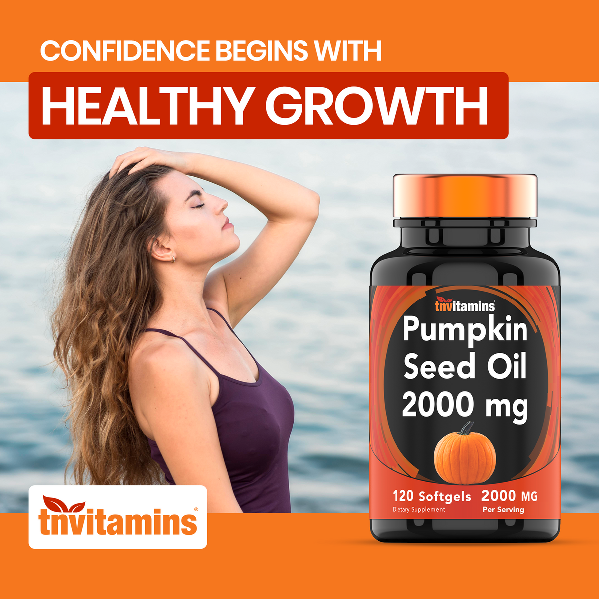 tnvitamins Pumpkin Seed Oil - 2000 mg Per Serving -  120 Softgels | Pumpkin Seed Oil for Hair Growth* | Pumpkin Seed Oil Extract Supplement for Bladder Control* | Non-GMO